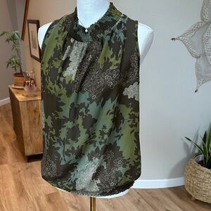 Agora chocolate brown floral chiffon sleeveless ruched high neck top